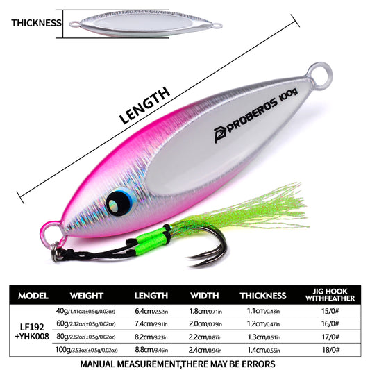 PROBEROS LF192 Slow Pitch Jig 40g 60g 80g 100g Size Specs Chart