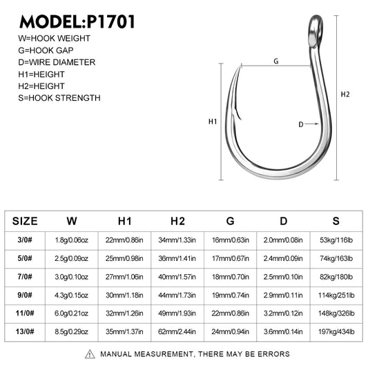 PROBEROS P1701 saltwater fishing hooks size chart and specs from 3/0# to 13/0#