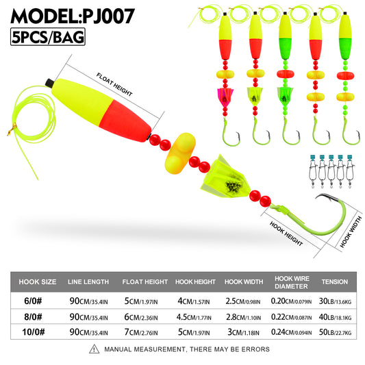 Size, tension and hook comparison chart for PROBEROS PJ007 catfish float rigs 6/0# to 10/0#