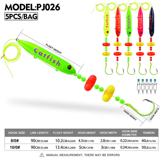 Proberos catfish rig size chart showing 8/0 and 10/0 circle hook specifications
