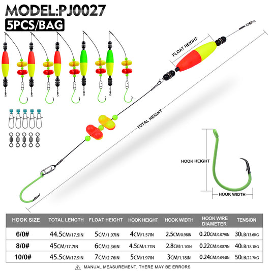 Proberos catfish rig size chart showing 6/0, 8/0, 10/0 circle hook specifications and line length