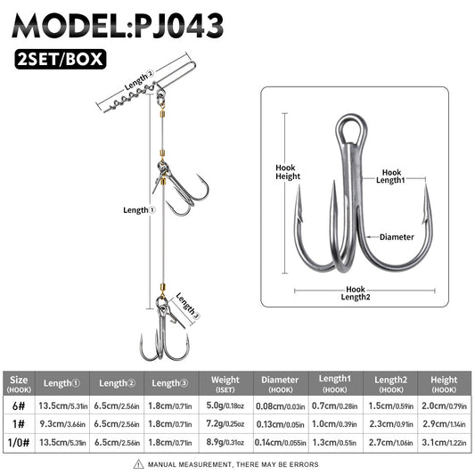 PROBEROS PJ043 Wire Leader Rig Size & Weight Chart Hook 6# 1# 1/0# Dimensions