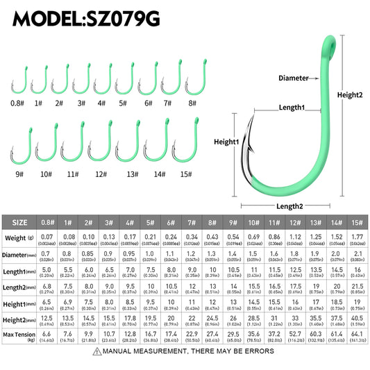 PROBEROS SZ079 Saltwater Hook Dimensions Size Chart 0.8# to 15#