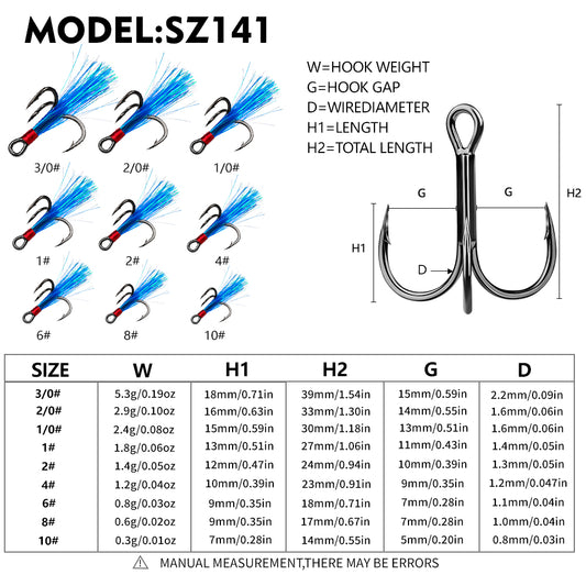 PROBEROS SZ141 Treble Hook Size Chart 10# to 3/0# Dimensions