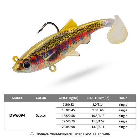 Size 8cm-13cm and weight 9.5g-28g chart for Sunlure DW6094 swimbait