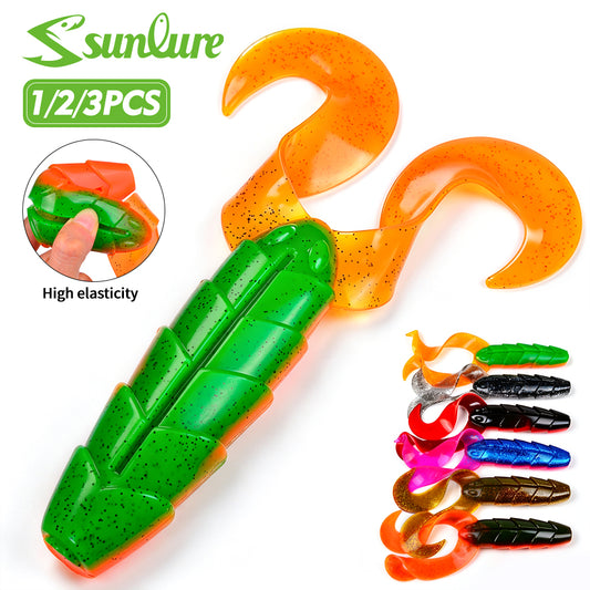 SUNLURE SL1010 double curly tail grub soft lure featuring a segmented ribbed body and premium soft PVC plastic construction.