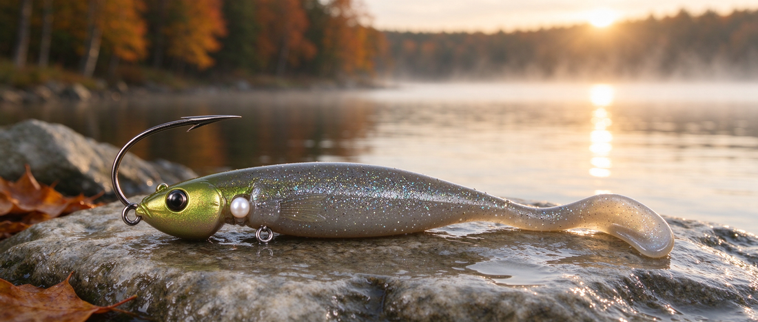 Autumn crappie and bass fishing jig head with soft plastic lure