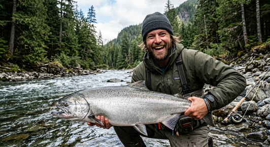 An angler holding a trophy-sized silver King Salmon (Chinook) caught in a pristine Alaskan river
