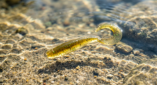 Translucent green pumpkin and watermelon soft plastic baits in crystal clear shallow water