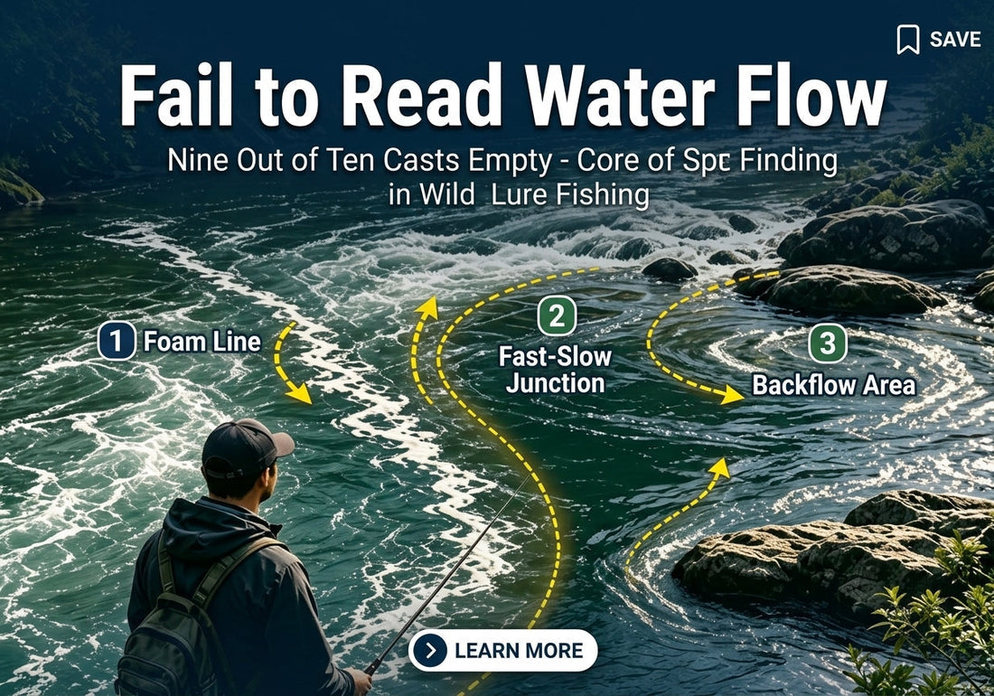 How to read river water flow for stream lure fishing, showing foam line, fast-slow current junction, and backflow area where trout and bass hold in running water.