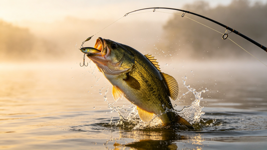 Angler fighting a giant largemouth bass jumping out of water