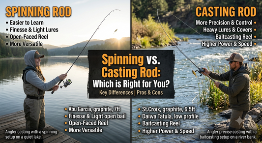 Spinning rod vs baitcasting casting rod comparison graphic, angler fishing with spinning reel and baitcaster setup, how to pick the right fishing rod