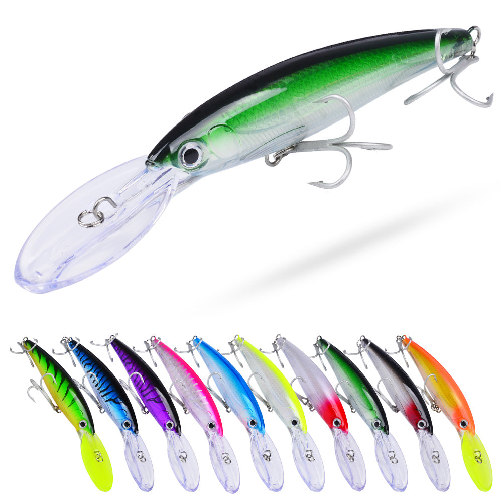 PROBEROS DW627 deep diving minnow lure with long diving lip and sharp treble hooks for offshore trolling