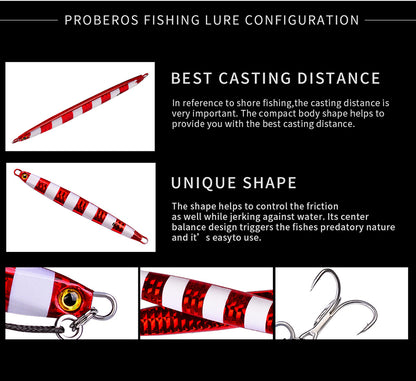 PROBEROS Lead Slow Jigging Lure with Treble Hook 3D Eyes Metal Spoon Bait for Sea Fishing
