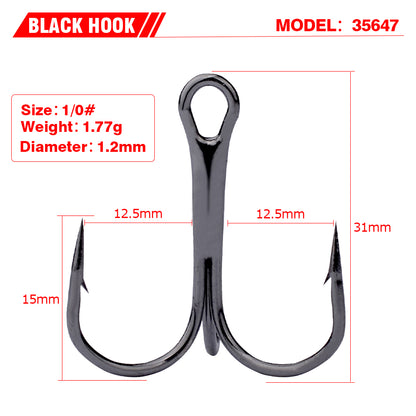 PROBEROS 50PCS Fishing Treble Hooks 14#-3/0# Black High Carbon Steel Hooks