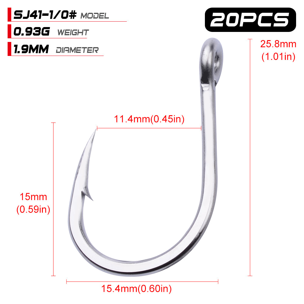 PROBEROS 20PCS Saltwater Fishing Hooks 1/0#-13/0# Anti-rusty Single Hooks Tin Color Fishhooks &nbsp;Stainless steel Strength