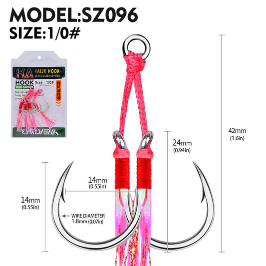 PROBEROS 5PCS 2pair/lot 1/0-5/0 Jigging Assist Hook Fly Fishing Hook Barbed Double Sharp Hooks With Thread Feather Sea Fishhook Fishing Tackle - Proberos