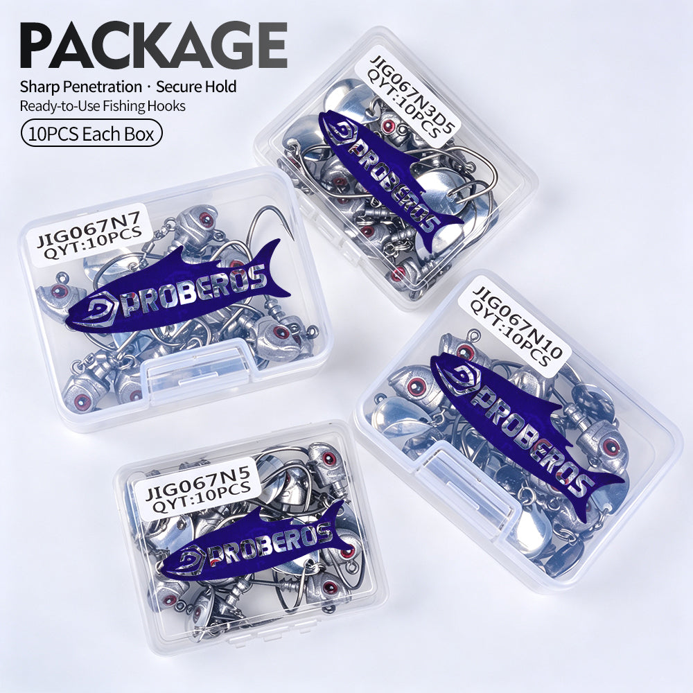 10PCS PROBEROS JIG067 spinner jig head hooks packed in clear PP plastic storage box