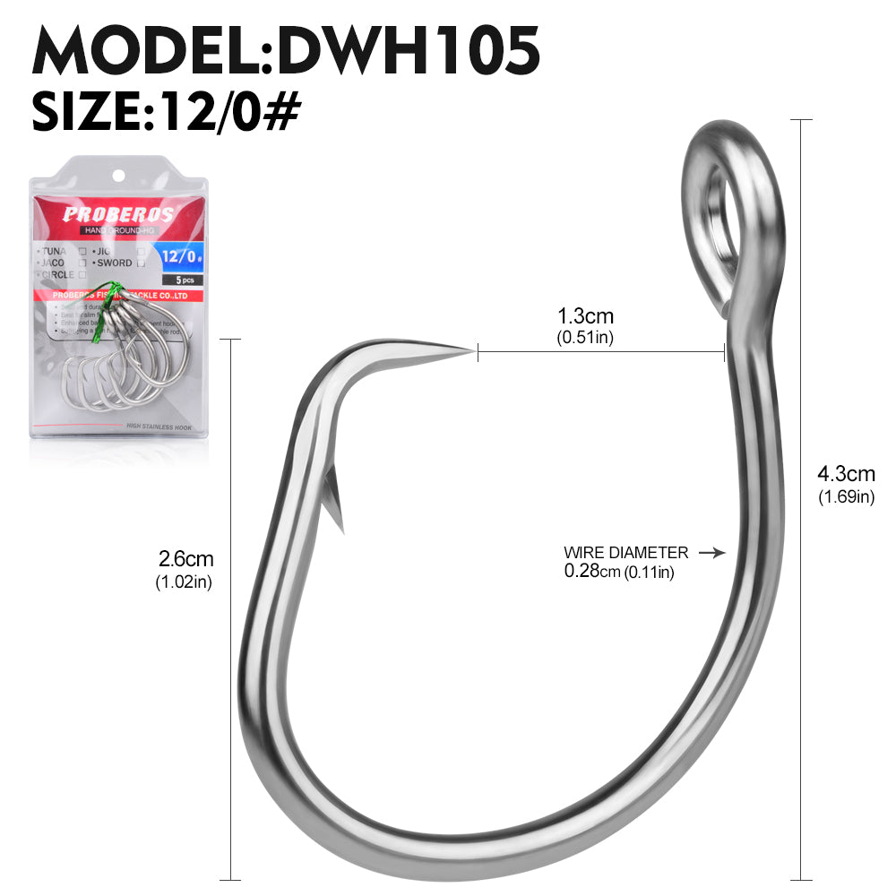 PROBEROS 5PCS Saltwater Big Game Fishing Hooks 11/0#-16/0# Anti-rusty Single Hook Tin Plated Stainless Steel Heavy Strength Fishhooks