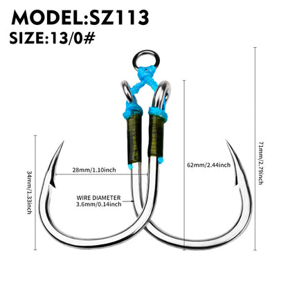 PROBEROS 2 sets Saltwater Jigging Double Hooks 3/0#-13/0# Heavy Duty High Carbon Steel Fishing Hooks