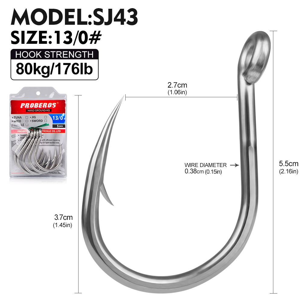 PROBEROS 20PCS Saltwater Fishing Hooks 1/0#-13/0# Anti-rusty Single hook Tin Color Fishhooks&nbsp; Stainless steel Strength