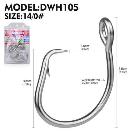 PROBEROS DWH105 5PCS Saltwater Big Game Fishing Hooks 11/0#-16/0# Anti-rusty Single Hook Tin Plated Stainless Steel Heavy Strength Fishhooks