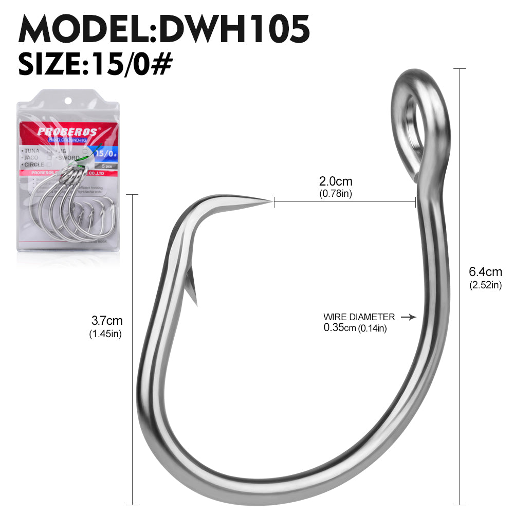 PROBEROS 5PCS Saltwater Big Game Fishing Hooks 11/0#-16/0# Anti-rusty Single Hook Tin Plated Stainless Steel Heavy Strength Fishhooks