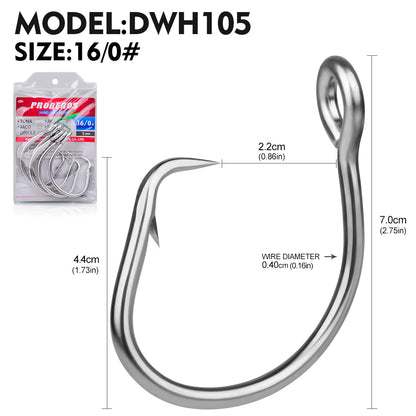 PROBEROS DWH105 5PCS Saltwater Big Game Fishing Hooks 11/0#-16/0# Anti-rusty Single Hook Tin Plated Stainless Steel Heavy Strength Fishhooks