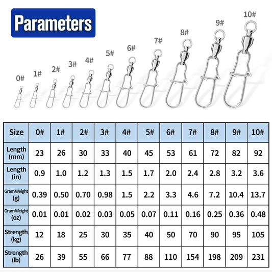 PROBEROS  10Pcs High-Speed 8-Shaped Ring Swivel Bearing Swivel + Stainless Steel Enhanced Snap Connector 0#-10#