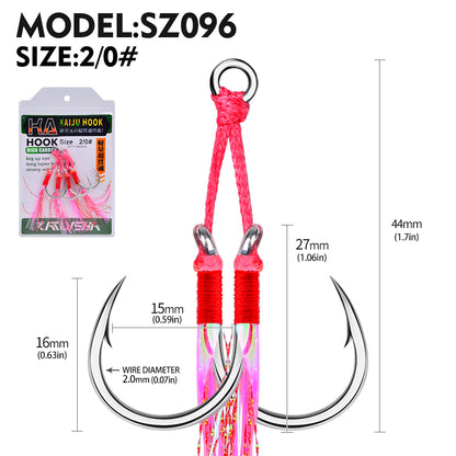 PROBEROS 5PCS 2pair/lot 1/0-5/0 Jigging Assist Hook Fly Fishing Hook Barbed Double Sharp Hooks With Thread Feather Sea Fishhook Fishing Tackle
