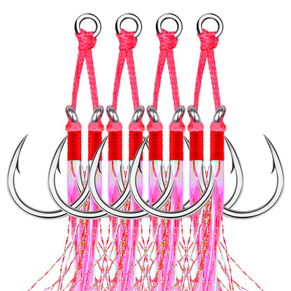 PROBEROS 5PCS 2pair/lot 1/0-5/0 Jigging Assist Hook Fly Fishing Hook Barbed Double Sharp Hooks With Thread Feather Sea Fishhook Fishing Tackle