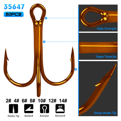 PROBEROS 50PCS Fishing Treble Hooks 14#-3/0# Black High Carbon Steel Hooks