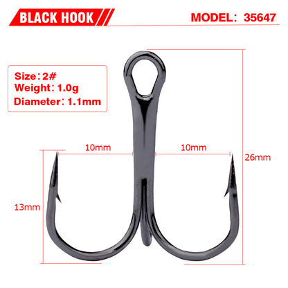 PROBEROS 50PCS Fishing Treble Hooks 14#-3/0# Black High Carbon Steel Hooks