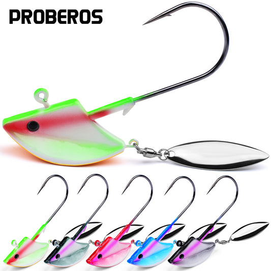 PROBEROS Lure Head Hook Willow Leaf Tumbler Lead Head Hook Anti-Hanging Bottom Lure Hook JIG Soft Worm Hook Belt Rotating Sequins 20pcs