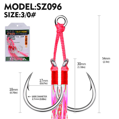 PROBEROS 5PCS 2pair/lot 1/0-5/0 Jigging Assist Hook Fly Fishing Hook Barbed Double Sharp Hooks With Thread Feather Sea Fishhook Fishing Tackle