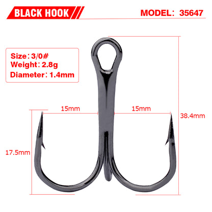 PROBEROS 50PCS Fishing Treble Hooks 14#-3/0# Black High Carbon Steel Hooks