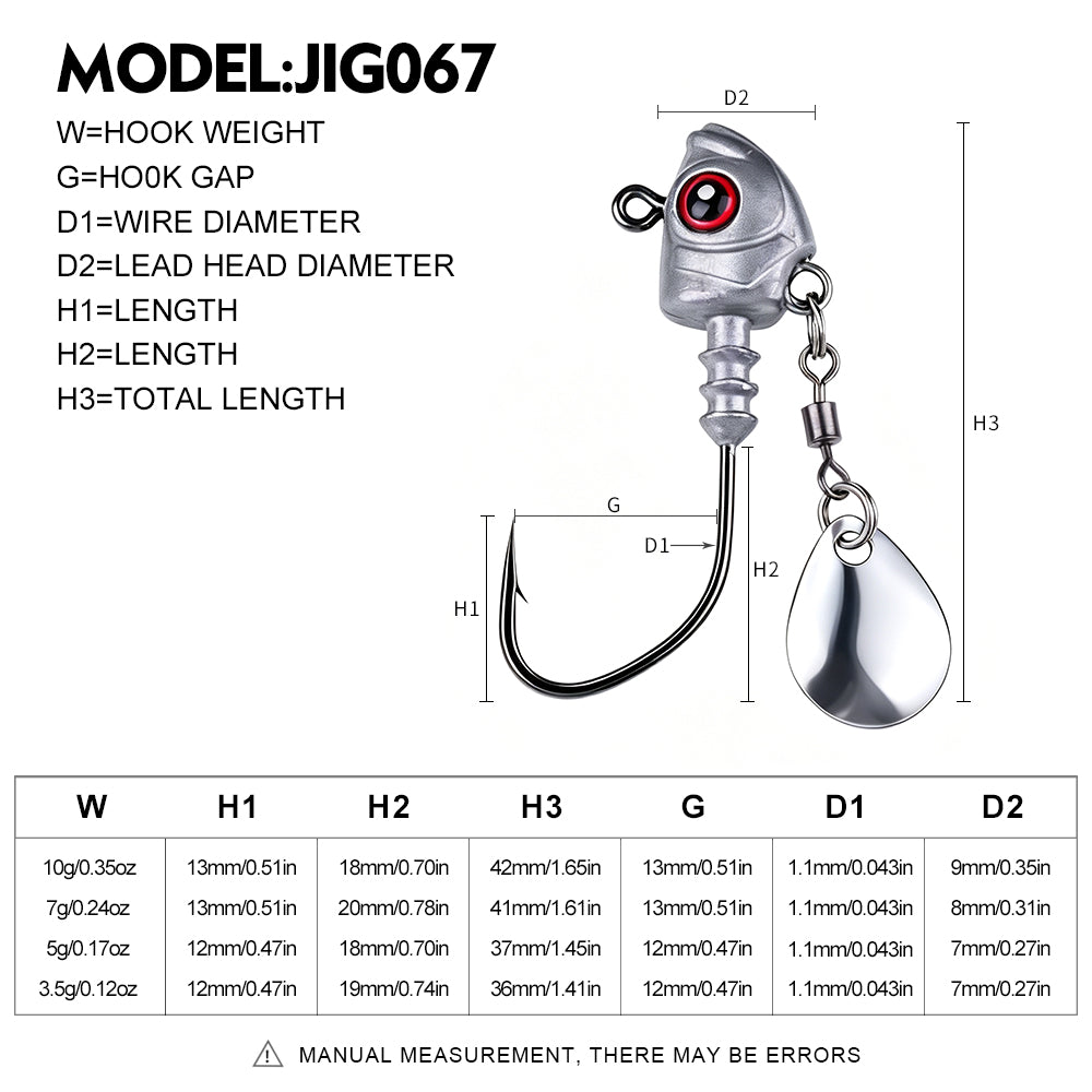 Size and weight spec chart for 3.5g 5g 7g 10g fishing jig head hooks