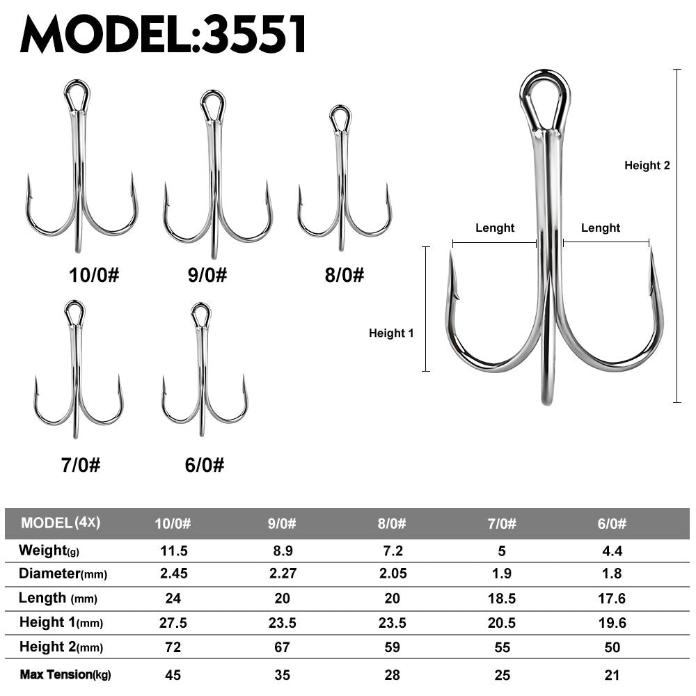 PROBEROS 10PCS Saltwater Fishing Hooks 6/0#-10/0# Anti-rusty Treble Hooks Nickel Plated&nbsp; Strong High Carbon Steel