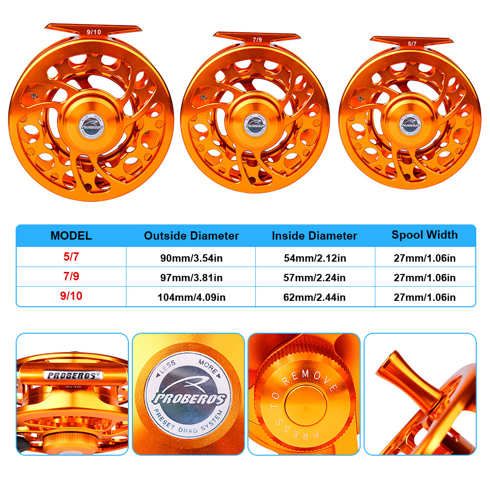 PROBEROS CNC Aluminum Fly Reel, 5/7, 7/9, 9/10 Sizes, 3 Colors Fly Reel with Zero Deviation Spool