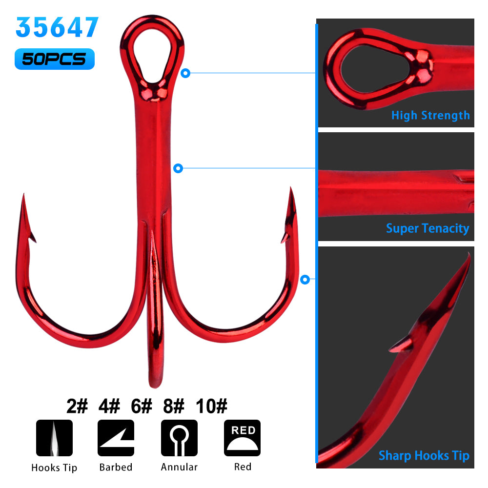 PROBEROS 50PCS Fishing Treble Hooks 14#-3/0# Black High Carbon Steel Hooks