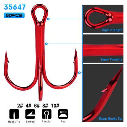 PROBEROS 50PCS Fishing Treble Hooks 14#-3/0# Black High Carbon Steel Hooks