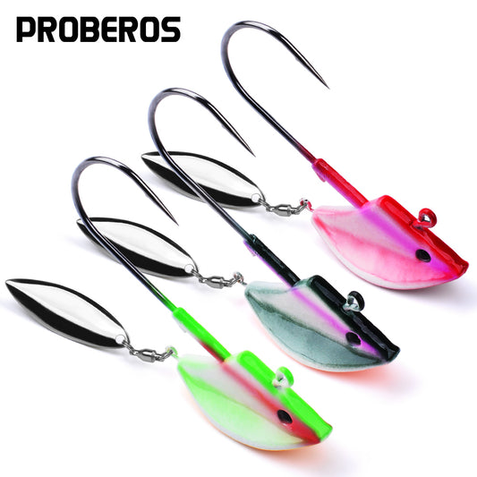PROBEROS Lure Head Hook Willow Leaf Tumbler Lead Head Hook Anti-Hanging Bottom Lure Hook JIG Soft Worm Hook Belt Rotating Sequins 20pcs