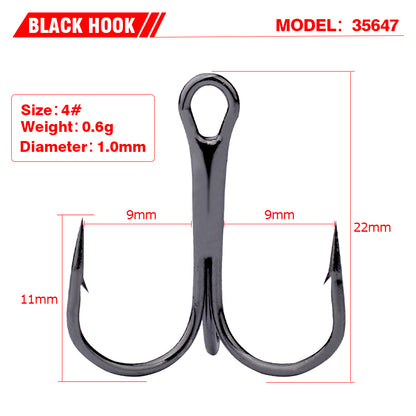 PROBEROS 50PCS Fishing Treble Hooks 14#-3/0# Black High Carbon Steel Hooks