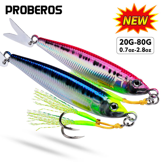 PROBEROS 4 PCS Slow Sinking Metal Jig Fishing Lures - 3D Printed Hard Bait with Treble Hooks & Willow Blades