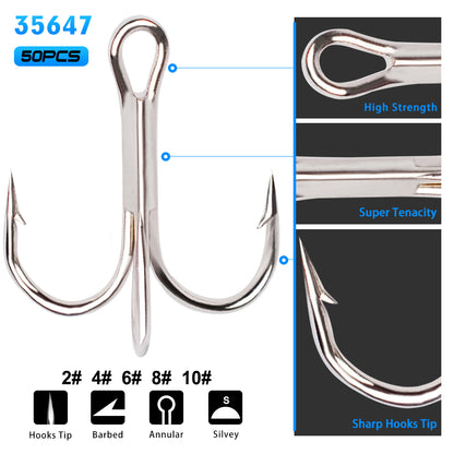 PROBEROS 50PCS Fishing Treble Hooks 14#-3/0# Black High Carbon Steel Hooks