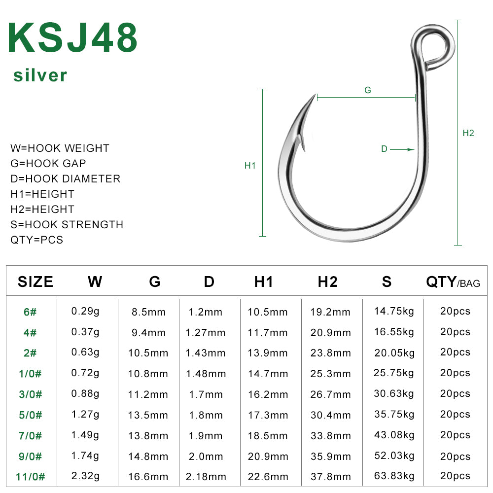 PROBEROS 20PCS Saltwater Fishing Hooks 6#-11/0# Anti-rusty Single hook Tin Color Fishhooks High Carbon Steel Strength