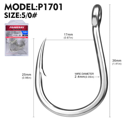PROBEROS 50Pcs  Fishhook High Carbon Steel Gaff Barbed Antirust Sharp Angle Tuna Fishing Circle Hooks