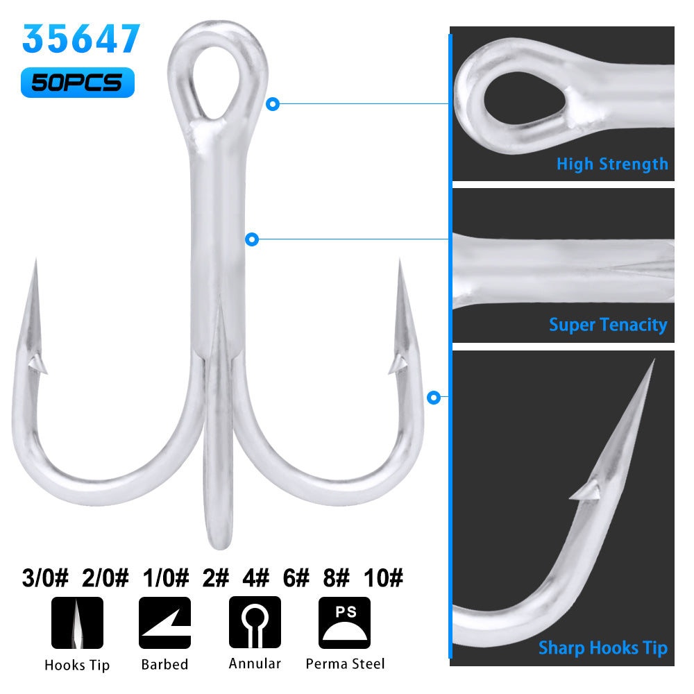 PROBEROS 50PCS Fishing Treble Hooks 14#-3/0# Black High Carbon Steel Hooks
