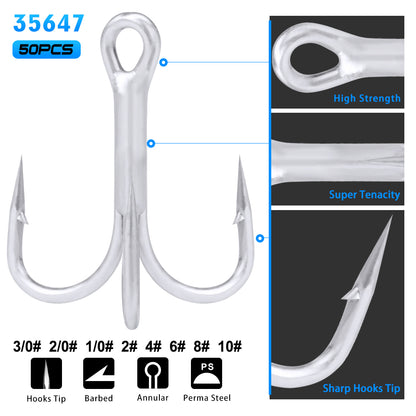 PROBEROS 50PCS Fishing Treble Hooks 14#-3/0# Black High Carbon Steel Hooks