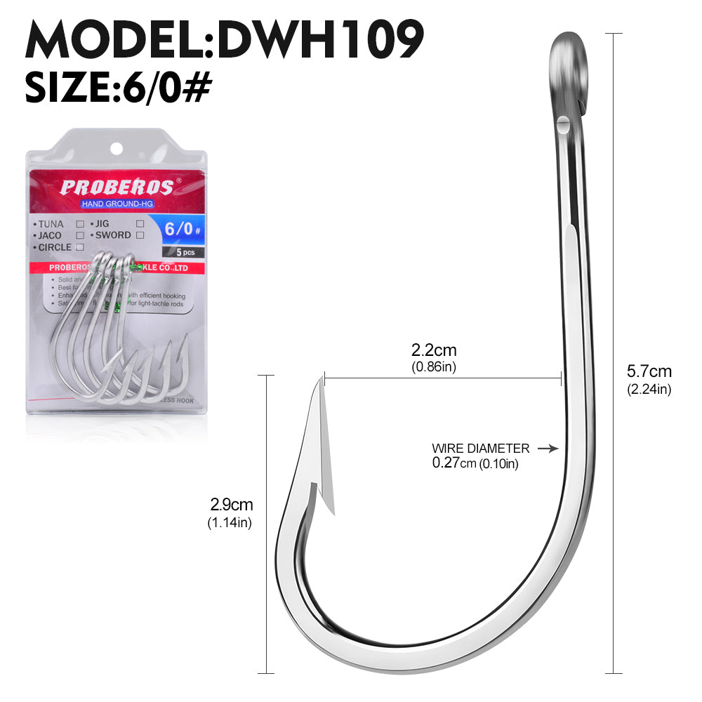 PROBEROS 5PCS Saltwater Fishing Hooks 6/0#-12/0# Anti-rusty Single hook Tin Color Fishhooks&nbsp; Stainless steel Strength